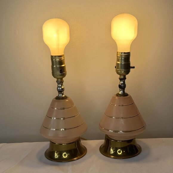Pair MCM Lamps, Pink Frosted Glass, Gold Swirl Accents, Vintage 1950s, Hollywood - Picture 3 of 5